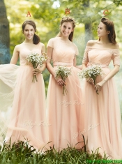 Elegant See Through Scoop Short Sleeves Prom Dresses in Peach