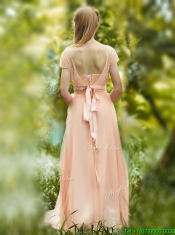 Elegant See Through Scoop Short Sleeves Prom Dresses in Peach