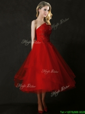 Elegant Tea Length Applique Red Prom Dresses with Asymmetrical Neckline