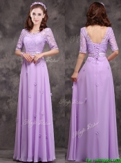 Exclusive Scoop Half Sleeves Lavender Prom Dresses with Appliques and Lace