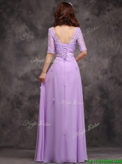 Exclusive Scoop Half Sleeves Lavender Prom Dresses with Appliques and Lace