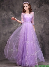 Exclusive See Through Scoop Applique and Laced Prom Dresses with Half Sleeves