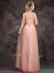 Exclusive See Through Scoop Applique and Laced Prom Dresses with Half Sleeves