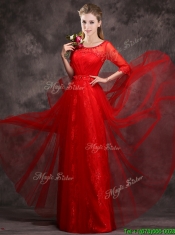 Exclusive See Through Scoop Applique and Laced Prom Dresses with Half Sleeves