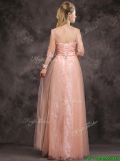 Exquisite See Through Applique and Laced Long Dama Dresses in Peach