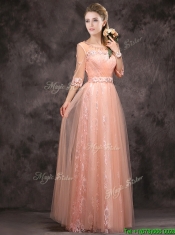 Exquisite See Through Applique and Laced Long Dama Dresses in Peach