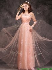 Exquisite See Through Applique and Laced Long Dama Dresses in Peach