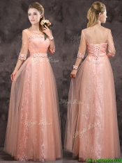 Exquisite See Through Applique and Laced Long Dama Dresses in Peach