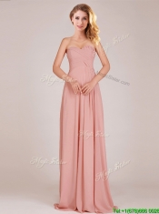 Fashionable Empire Chiffon Ruched Long Prom Dresses in Peach