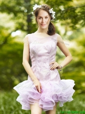 Fashionable Laced and Ruffled Short Dama Dresses in Lavender
