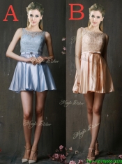 Fashionable Light Blue Short Prom Dresses with Lace and Belt