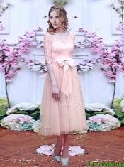 Fashionable See Through Scoop Half Sleeves Dama Dresses with Bowknot