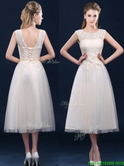 Fashionable Tea Length Scoop Prom Dresses with Lace and Appliques