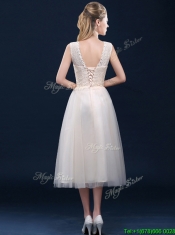 Fashionable Tea Length Scoop Prom Dresses with Lace and Appliques