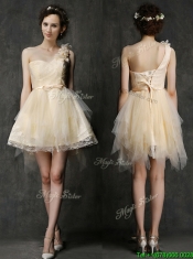 Gorgeous One Shoulder Short Dama Dresses with Belt and Hand Made Flowers