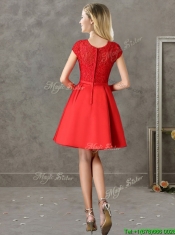 Gorgeous Scoop Cap Sleeves Red Dama Dresses with Lace and Bowknot