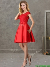 Gorgeous Scoop Cap Sleeves Red Dama Dresses with Lace and Bowknot