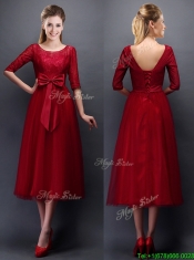 Gorgeous Scoop Half Sleeves Bowknot Dama Dresses in Wine Red