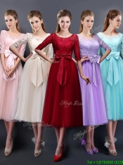 Gorgeous Scoop Half Sleeves Bowknot Dama Dresses in Wine Red