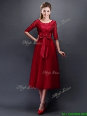 Gorgeous Scoop Half Sleeves Bowknot Dama Dresses in Wine Red