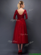 Gorgeous Scoop Half Sleeves Bowknot Dama Dresses in Wine Red