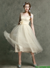 Gorgeous Straps Champagne Prom Dresses with Appliques and Hand Made Flowers