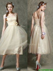 Gorgeous Straps Champagne Prom Dresses with Appliques and Hand Made Flowers
