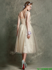 Gorgeous Straps Champagne Prom Dresses with Appliques and Hand Made Flowers