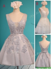 Gorgeous White Deep V Neckline Dama Dresses with Appliques and Belt