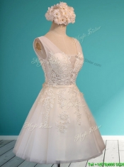 Gorgeous White Deep V Neckline Dama Dresses with Appliques and Belt