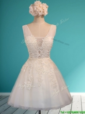 Gorgeous White Deep V Neckline Dama Dresses with Appliques and Belt