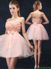 Lovely Baby Pink Short Prom Dresses with Bowknot and Hand Made Flowers