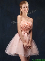 Lovely Baby Pink Short Prom Dresses with Bowknot and Hand Made Flowers