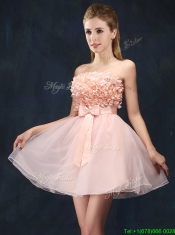 Lovely Baby Pink Short Prom Dresses with Bowknot and Hand Made Flowers