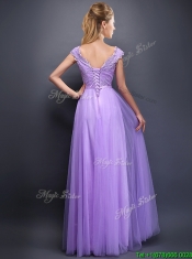 Lovely Beaded and Bowknot V Neck Dama Dresses in Lavender