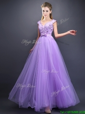 Lovely Beaded and Bowknot V Neck Dama Dresses in Lavender