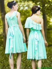 Lovely Belted and Ruched Short Dama Dresses in Apple Green