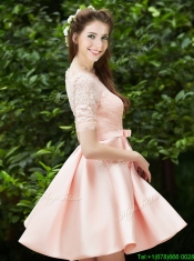 Lovely High Neck Short Sleeves Prom Dresses with Lace and Bowknot