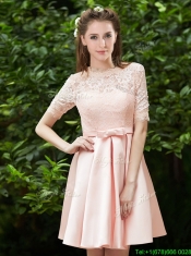 Lovely High Neck Short Sleeves Prom Dresses with Lace and Bowknot