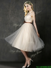 Luxurious High Neck Champagne Prom Dresses with Hand Made Flowers and Lace