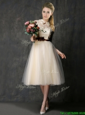 Luxurious High Neck Champagne Prom Dresses with Hand Made Flowers and Lace