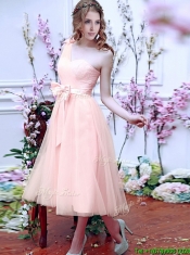 Luxurious One Shoulder Prom Dresses with Bowknot and Hand Made Flowers