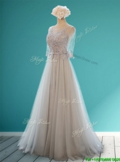 Luxurious Scoop Half Sleeves Grey Prom Dresses with Appliques and Belt