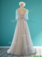Luxurious Scoop Half Sleeves Grey Prom Dresses with Appliques and Belt