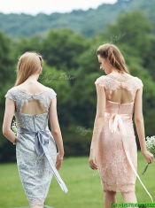 Luxurious See Through Scoop Cap Sleeves Prom Dresses with Sashes
