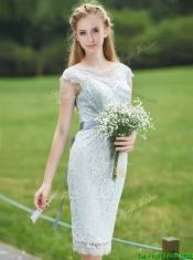 Luxurious See Through Scoop Cap Sleeves Prom Dresses with Sashes