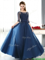 Luxurious See Through Scoop Half Sleeves Dama Dresses with Lace and Belt