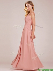Modern Straps Peach Dama Dresses with Ruching and High Slit