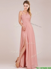 Modern Straps Peach Dama Dresses with Ruching and High Slit