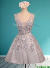 Modest Deep V Neckline Grey Dama Dresses with Appliques and Belt